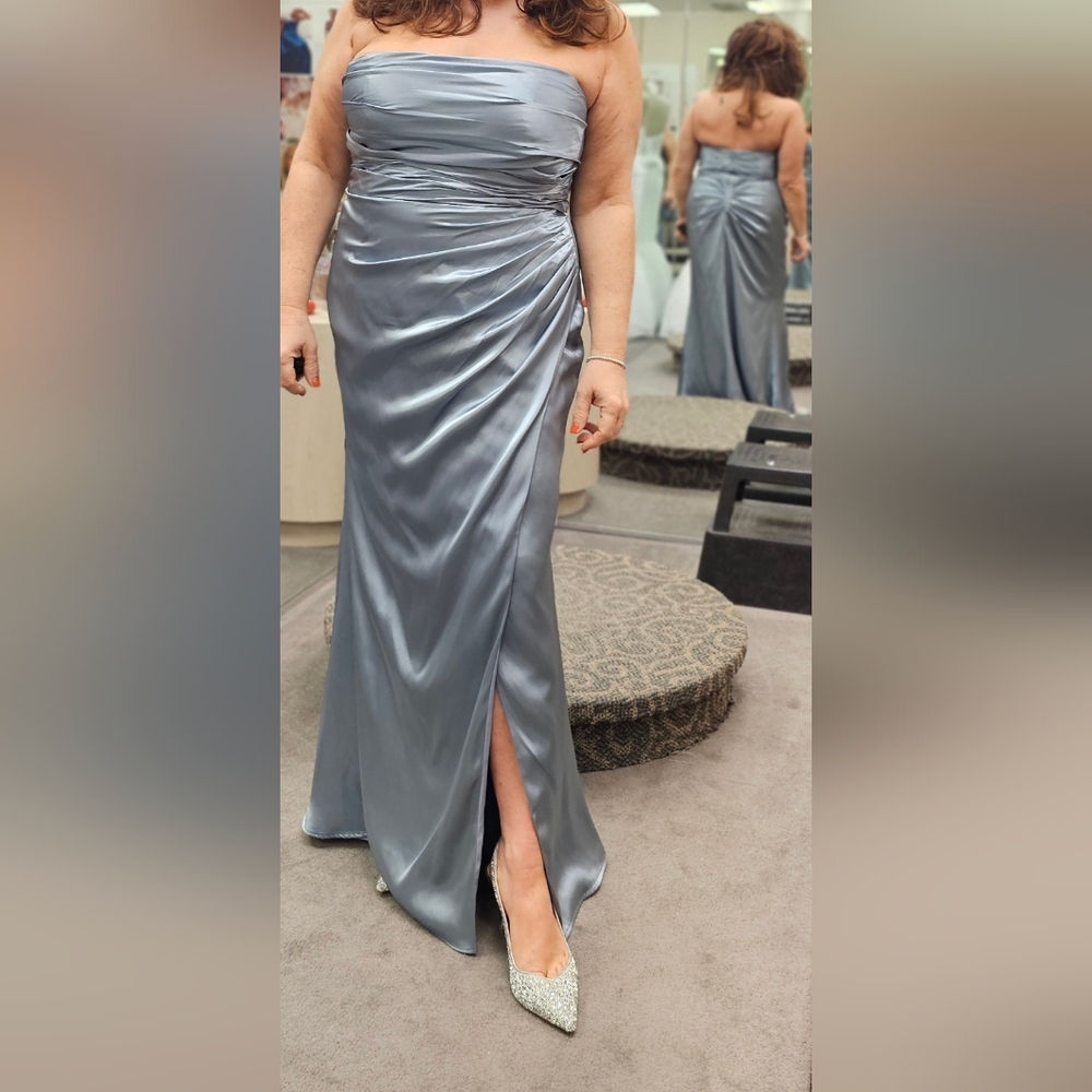 Elegant Strapless Satin Dusty Blue Dress.   My Height 5' 1 - Picture 3 of 4